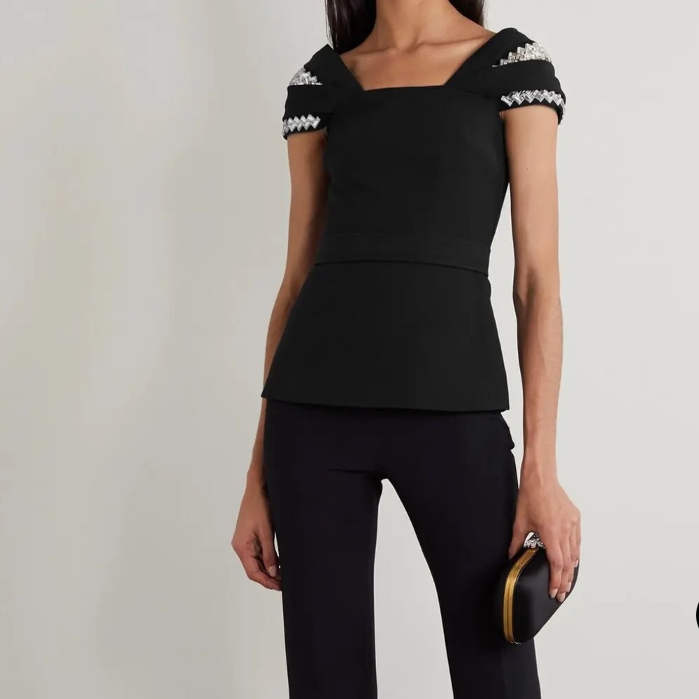 NWT SAFIYAA Brianna Belted Crystal-Embellished Crepe Peplum Top